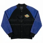 Front view of The Flintstones World Premiere Suede Leather Jacket featuring a small, colorful globe "The Flintstones" logo on the left chest.