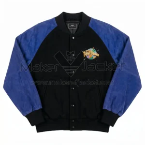 Front view of The Flintstones World Premiere Suede Leather Jacket featuring a small, colorful globe "The Flintstones" logo on the left chest.