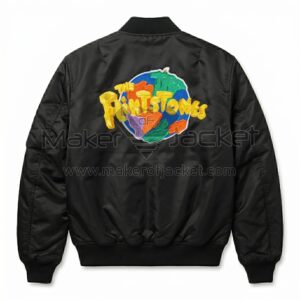 Back view of Vintage The Flintstones Black Satin Jacket featuring a colorful, globe-shaped graphic with the yellow "The Flintstones" logo across it.