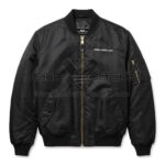 Front view of The Flintstones Black Satin Jacket featuring a gold zipper, utility arm pocket, and the text "YABBA-DABBA-DOO" in white font on the left chest.