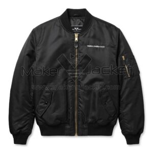 Front view of The Flintstones Black Satin Jacket featuring a gold zipper, utility arm pocket, and the text "YABBA-DABBA-DOO" in white font on the left chest.