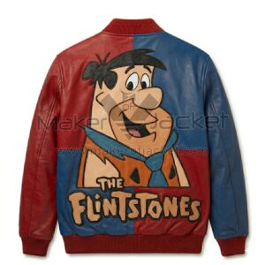 Back view of The Fred Flintstones Color Block Leather Jacket featuring a large patch of Fred Flintstone above "The Flintstones" logo text.
