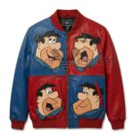 Front view of The Fred Flintstones Color Block Leather Jacket featuring four separate patches of Fred Flintstone's face showing different expressions.
