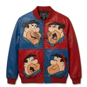 Front view of The Fred Flintstones Color Block Leather Jacket featuring four separate patches of Fred Flintstone's face showing different expressions.