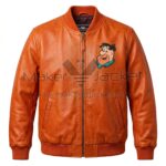 Front view of The Fred Flintstones Orange Leather Bomber Jacket featuring an leather applique artwork of Fred Flintstone's smiling face on the left chest.