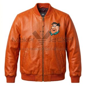 Front view of The Fred Flintstones Orange Leather Bomber Jacket featuring an leather applique artwork of Fred Flintstone's smiling face on the left chest.