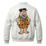 Back view of The Fred Flintstones White Leather Bomber Jacket featuring features a large cartoon patch of Fred Flintstone