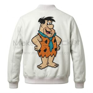 Back view of The Fred Flintstones White Leather Bomber Jacket featuring features a large cartoon patch of Fred Flintstone