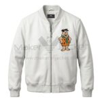 Front view of The Fred Flintstones White Leather Bomber Jacket featuring cartoon patch of Fred Flintstone smiling on the left chest.