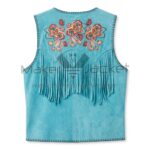 Back view of Turquoise Boho Fringe Suede Vest featuring colorful floral embroidery on the back yoke, long fringe, and dark whipstitch trim along the edges.