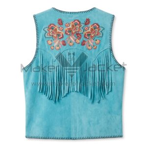 Back view of Turquoise Boho Fringe Suede Vest featuring colorful floral embroidery on the back yoke, long fringe, and dark whipstitch trim along the edges.
