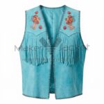 Front view of Turquoise Boho Fringe Suede Vest featuring floral embroidery on the shoulders, fringe detailing, and dark whipstitch trim along the open edges.