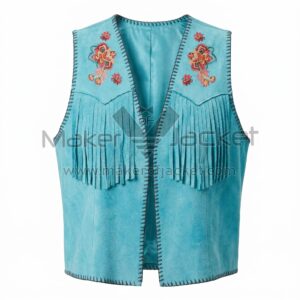Front view of Turquoise Boho Fringe Suede Vest featuring floral embroidery on the shoulders, fringe detailing, and dark whipstitch trim along the open edges.