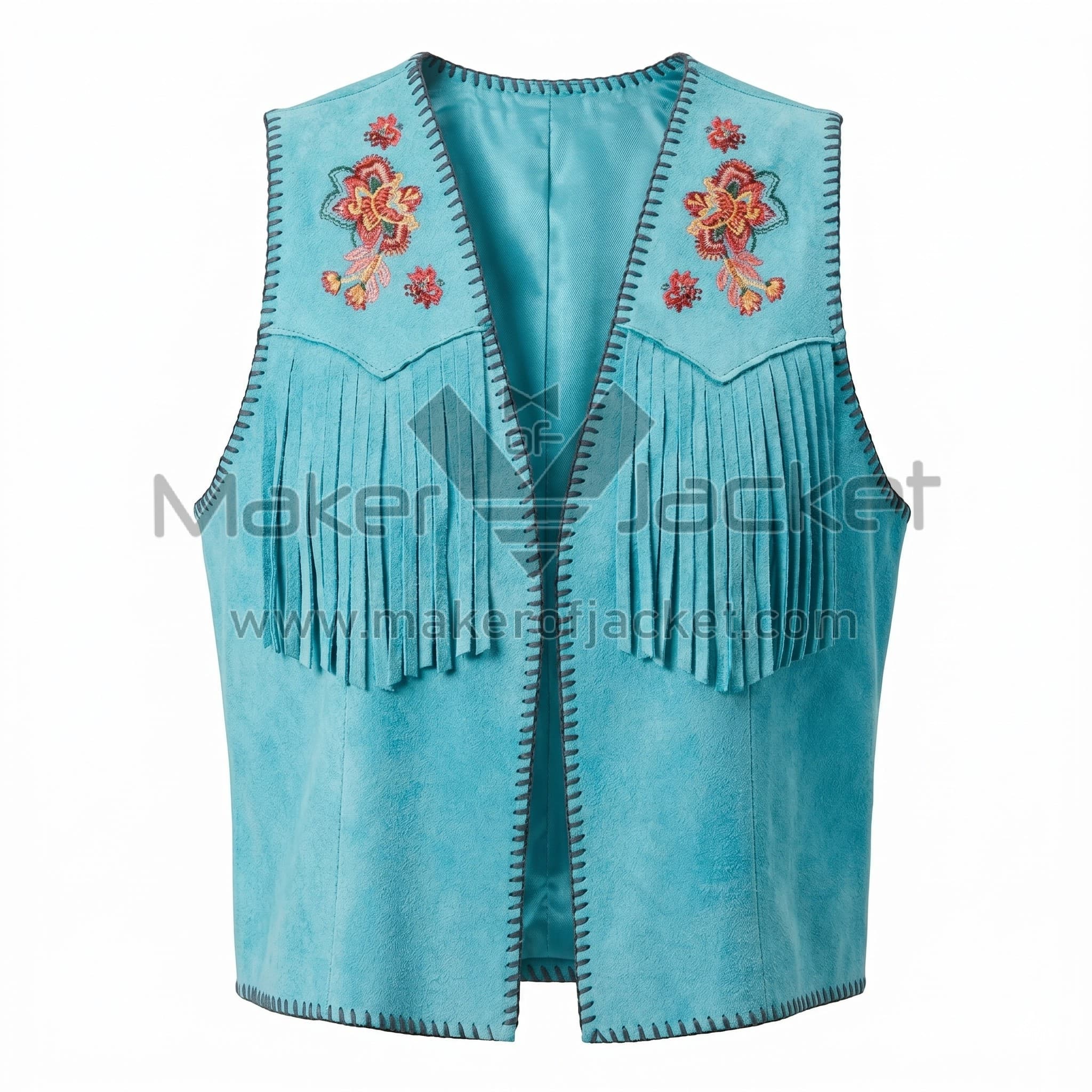 Turquoise Floral Embroidered Boho Fringe Suede Vest Front Front view of Turquoise Boho Fringe Suede Vest featuring floral embroidery on the shoulders, fringe detailing, and dark whipstitch trim along the open edges.