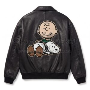 Back view of Vintage Charlie Brown Snoopy Leather Jacket featuring a large embroidered patch of a smiling Charlie Brown resting next to a sleeping Snoopy.