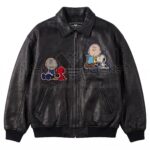 Front view of Vintage Charlie Brown Snoopy Leather Jacket featuring two embroidered cartoon patches of Charlie Brown and Snoopy on the chest with Maker Of Jacket brand label.