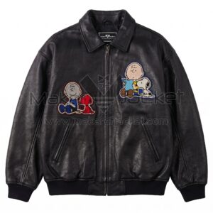 Front view of Vintage Charlie Brown Snoopy Leather Jacket featuring two embroidered cartoon patches of Charlie Brown and Snoopy on the chest with Maker Of Jacket brand label.
