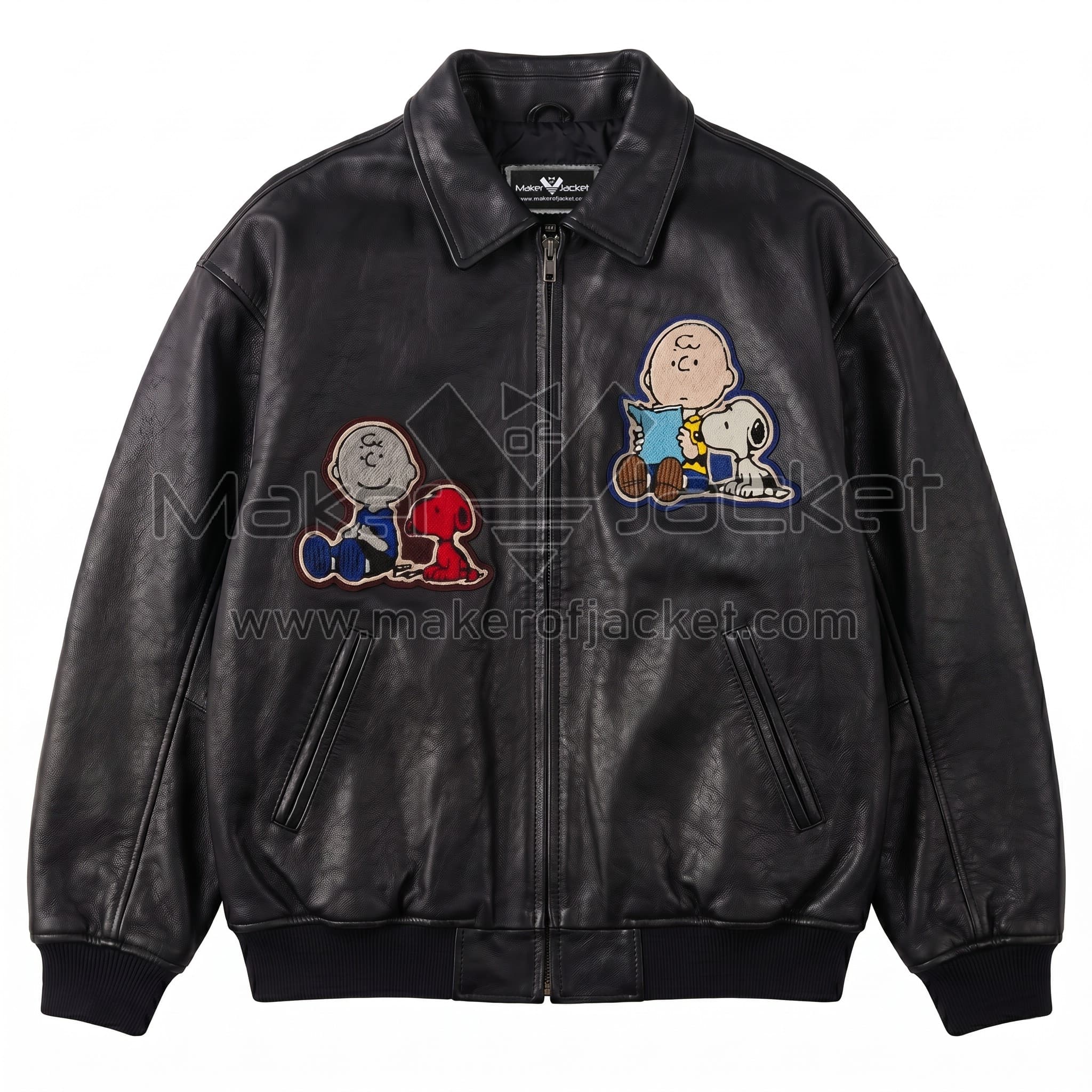 Vintage Charlie Brown Snoopy Leather Jacket Front Front view of Vintage Charlie Brown Snoopy Leather Jacket featuring two embroidered cartoon patches of Charlie Brown and Snoopy on the chest with Maker Of Jacket brand label.