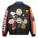 Back view of Vintage Peanuts Gang Racing Stripe Leather Jacket featuring a large applique Peanuts group with Charlie Brown, Snoopy, Lucy, Linus, and Peppermint Patty.
