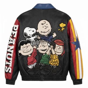 Back view of Vintage Peanuts Gang Racing Stripe Leather Jacket featuring a large applique Peanuts group with Charlie Brown, Snoopy, Lucy, Linus, and Peppermint Patty.