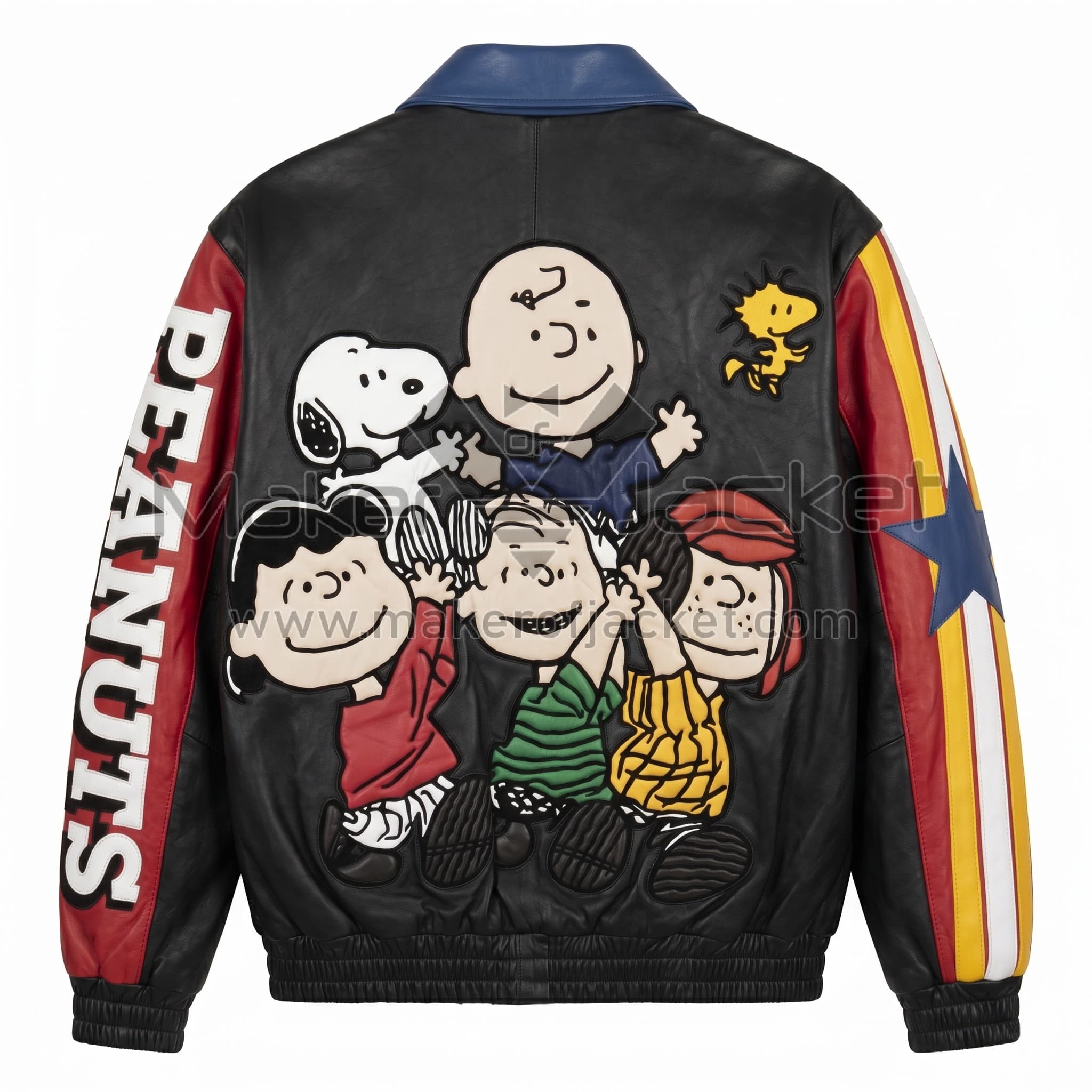 Vintage Peanuts Gang Racing Stripe Leather Jacket Back Back view of Vintage Peanuts Gang Racing Stripe Leather Jacket featuring a large applique Peanuts group with Charlie Brown, Snoopy, Lucy, Linus, and Peppermint Patty.