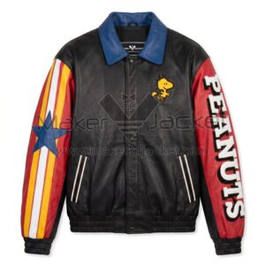 Front view of Vintage Peanuts Gang Racing Stripe Leather Jacket featuring shirt style collar, red sleeves featuring a blue star stripe on the right, and large "PEANUTS" text on the left with Maker Of Jacket brand label.