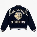 Back View Of Vintage Port Chester Varsity Jacket Featuring navy and white varsity jacket with PORT CHESTER X-COUNTRY patch design.