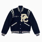 Front View Of Vintage Port Chester Varsity Jacket Featuring navy and white wool leather jacket with PC patch and Stafford lettering.