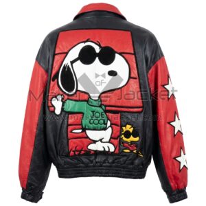 Back view of Vintage Snoopy Joe Cool Black Red Leather Jacket featuring a large patch of Snoopy wearing sunglasses and a green "JOE COOL" sweater.