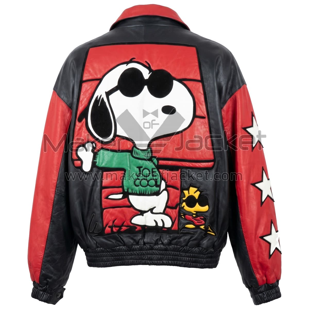 Vintage Snoopy Joe Cool Black Red Leather Jacket Back Back view of Vintage Snoopy Joe Cool Black Red Leather Jacket featuring a large patch of Snoopy wearing sunglasses and a green "JOE COOL" sweater.