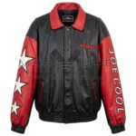Front view of Vintage Snoopy Joe Cool Black Red Leather Jacket featuring a red collar, red sleeves featuring white stars on the right, and "JOE COOL" and "PEANUTS" text with Maker Of Jacket brand label
