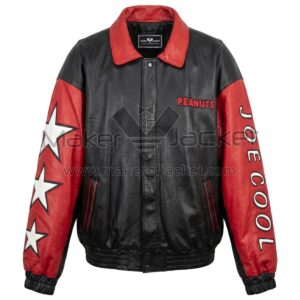 Front view of Vintage Snoopy Joe Cool Black Red Leather Jacket featuring a red collar, red sleeves featuring white stars on the right, and "JOE COOL" and "PEANUTS" text with Maker Of Jacket brand label