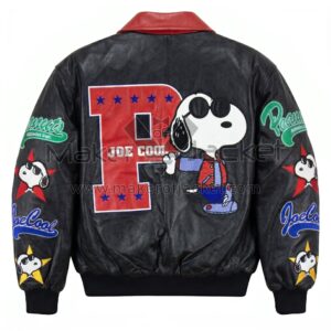Back view of Vintage Snoopy Joe Cool Leather Jacket featuring Snoopy as Joe Cool next to a large red "P" varsity letter, with embroidered sleeve patches.
