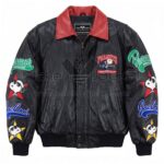 Front view of Vintage Snoopy Joe Cool Leather Jacket featuring red collar and colorful embroidered Peanuts character patches on chest and sleeves with Maker Of Jacket brand label.