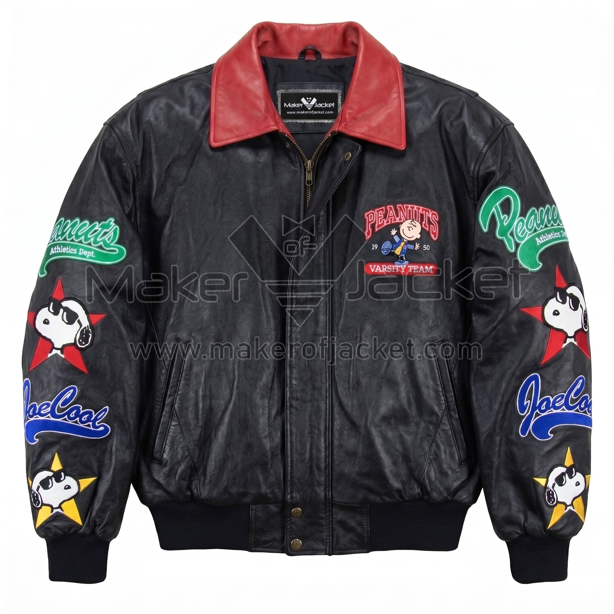 Vintage Snoopy Joe Cool Leather Jacket Front Front view of Vintage Snoopy Joe Cool Leather Jacket featuring red collar and colorful embroidered Peanuts character patches on chest and sleeves with Maker Of Jacket brand label.
