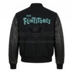 Back view of Vintage The Flintstones Black Snap-Button Varsity Jacket featuringa large turquoise "The Flintstones" logo across the upper center.