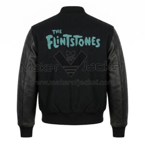 Back view of Vintage The Flintstones Black Snap-Button Varsity Jacket featuringa large turquoise "The Flintstones" logo across the upper center.