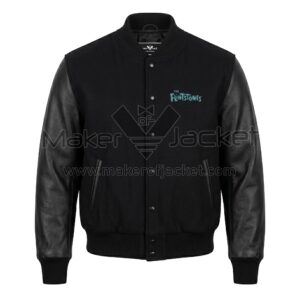 Front view of Vintage The Flintstones Black Snap-Button Varsity Jacket featuring small turquoise "The Flintstones" logo on the left chest.