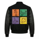 Back view of Vintage The Flintstones Black Varsity Jacket featuring four colorful square panels with line art drawings of characters from The Flintstones.