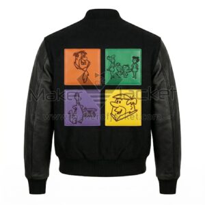 Back view of Vintage The Flintstones Black Varsity Jacket featuring four colorful square panels with line art drawings of characters from The Flintstones.
