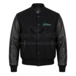 Front view of Vintage The Flintstones Black Varsity Jacket featuring snap buttons and small turquoise "The Flintstones" logo on the left chest.