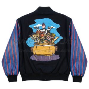 Back view of Vintage The Flintstones Jeff Hamilton Varsity Jacket featuring featuring a large patch of The Flintstones characters riding in their prehistoric car.