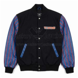 Front view of Vintage The Flintstones Jeff Hamilton Varsity Jacket featuring blue and red striped leather sleeves, blue pocket trim, and "The Flintstones" logo on the left chest.
