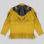 Western Cowboy Fringe Leather Jacket back view showing fringe design and beaded artwork on cowhide leather.