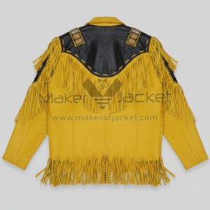 Western Cowboy Fringe Leather Jacket back view showing fringe design and beaded artwork on cowhide leather.
