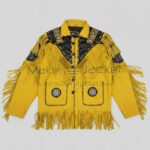 Western Cowboy Fringe Leather Jacket front view in yellow and black cowhide leather with fringe and beaded detailing.