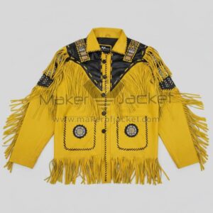 Western Cowboy Fringe Leather Jacket front view in yellow and black cowhide leather with fringe and beaded detailing.