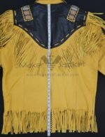 Jacket length of Western Cowboy Fringe Leather Jacket measuring 28.5 inches.