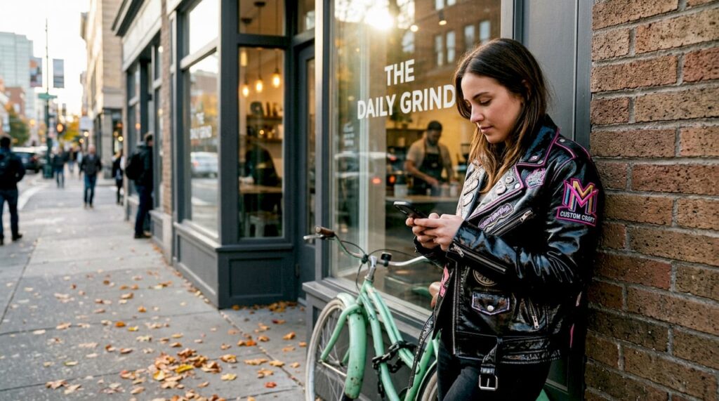 Woman wearing celebrity-inspired jacket on city sidewalk
