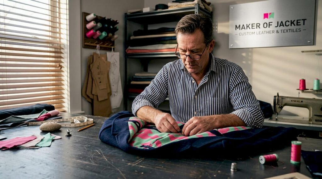 Tailor inspecting inner jacket lining